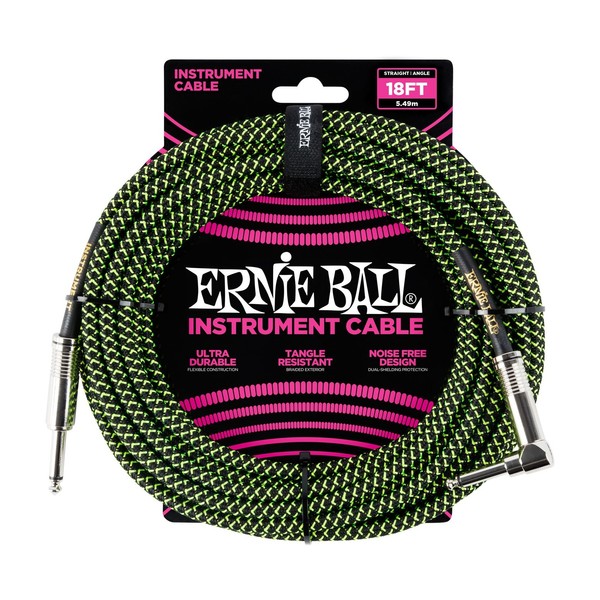Ernie Ball 18ft Straight-Angle Braided Instrument Cable, Black/Green