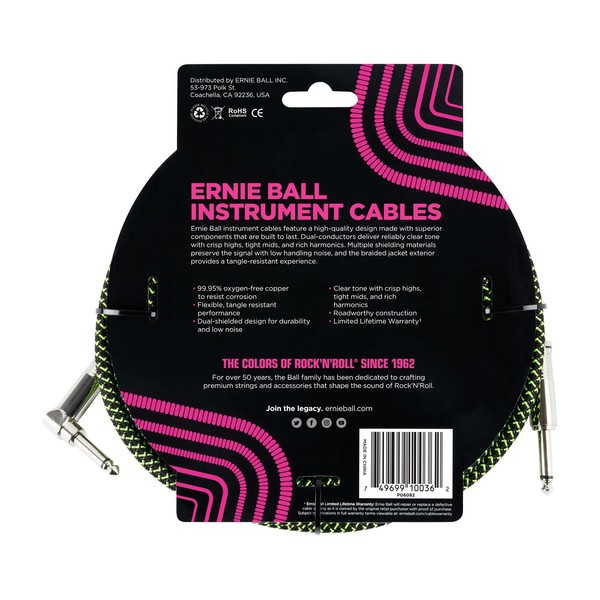 Ernie Ball 18ft Straight-Angle Braided Instrument Cable, Black/Green - Back