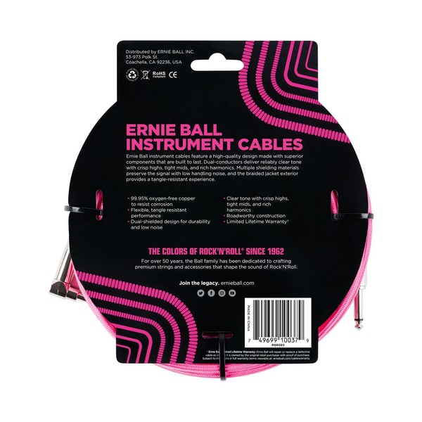 Ernie Ball 18ft Straight-Angle Braided Instrument Cable, Neon Pink - Back