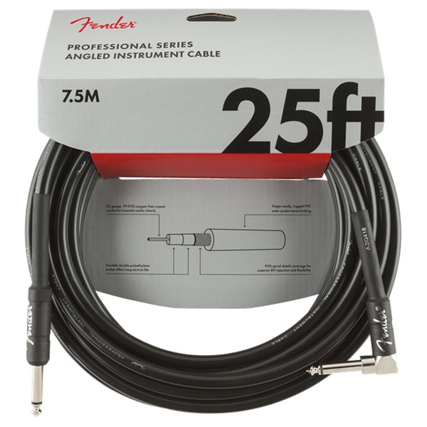 Fender Professional 25ft Straight/Angle Instrument Cable, Black - Pack