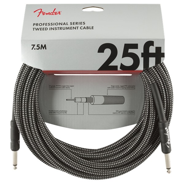 Fender Professional 25ft Straight Instrument Cable, Gray Tweed - Pack