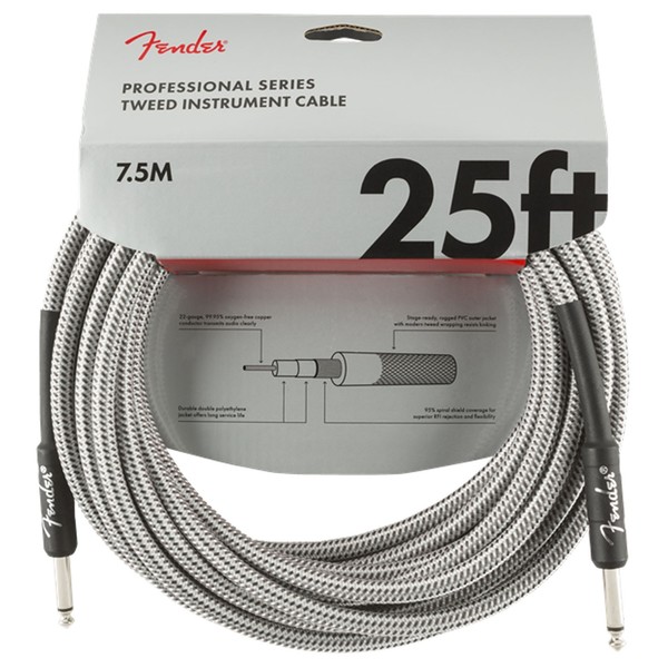 Fender Professional 25ft Straight Instrument Cable, White Tweed - Front