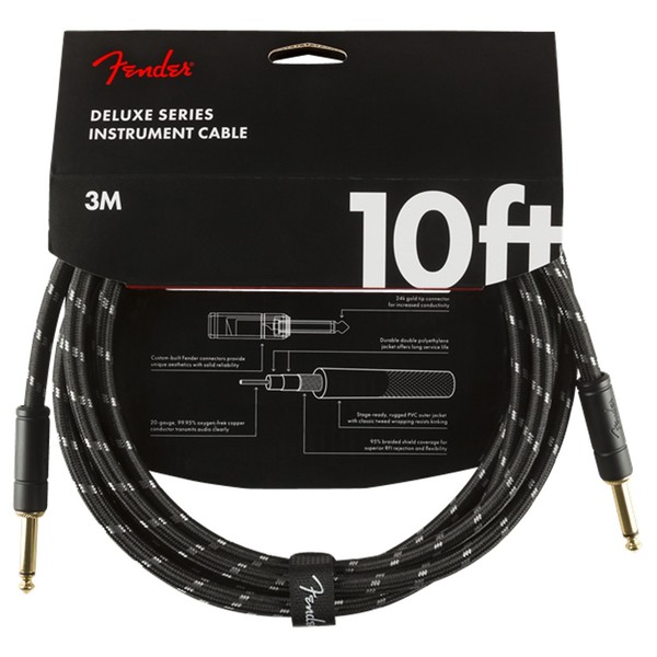 Fender Deluxe 10ft Straight Instrument Cable, Black Tweed- Pack