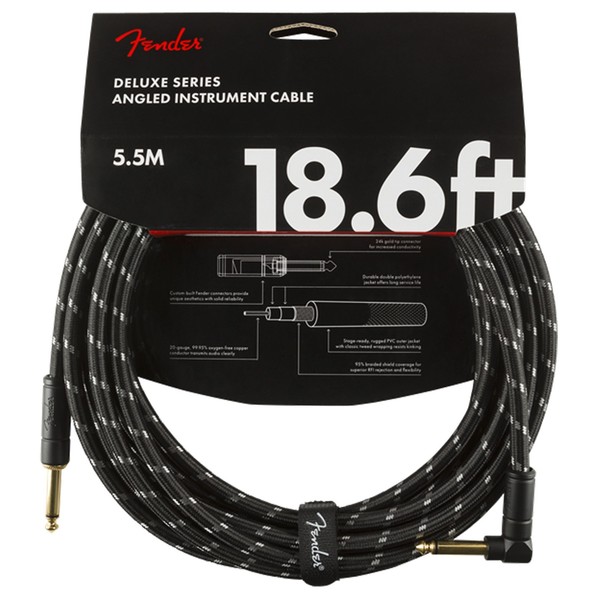 Fender Deluxe 18.6ft Straight/Angle Instrument Cable, Black Tweed - Pack