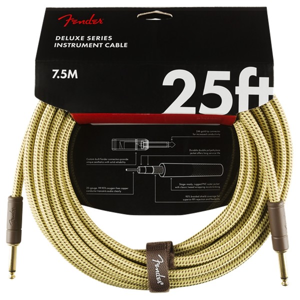 Fender Deluxe 25ft Straight Instrument Cable, Tweed - Pack