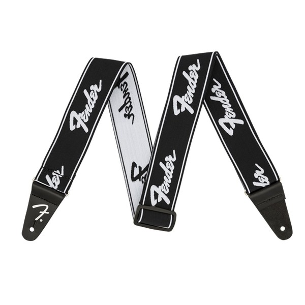 Fender WeighLess 2" Running Logo Guitar Strap, Black/White