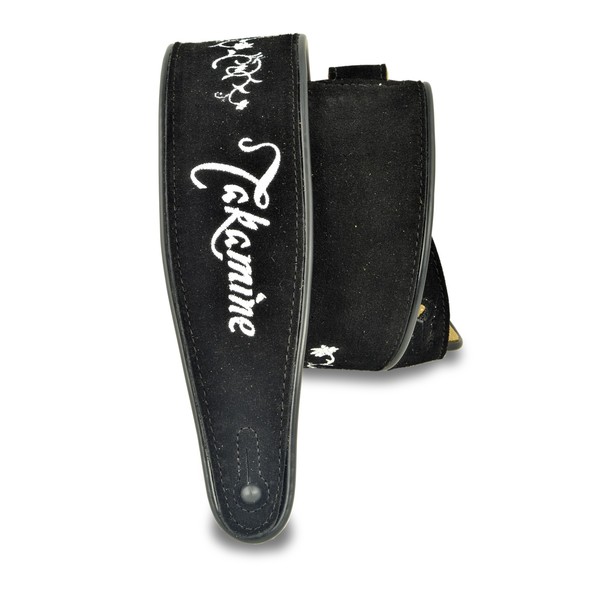 Takamine Guitar Strap, Black Suede & Embroidered Grassflower - folded