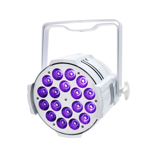 LEDJ Performer 18 HEX MKII RGBWA+UV LED Par Can, White Housing, Front Angled Lit