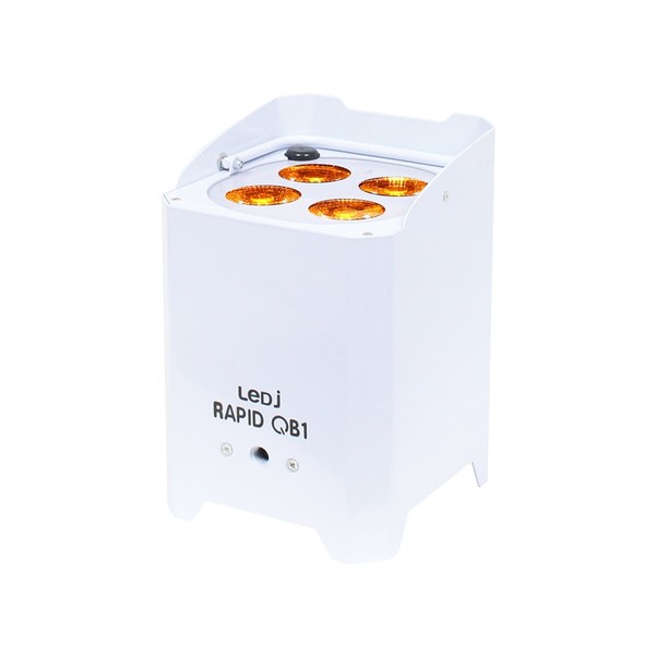 LEDJ Rapid QB1 RGBA Battery-Powered LED Uplighter, White Housing, Front Angled Lit
