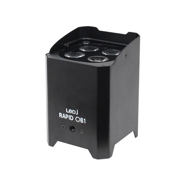 LEDJ Rapid QB1 RGBW Battery-Powered LED Uplighter, Black Housing, Front Angled Unlit