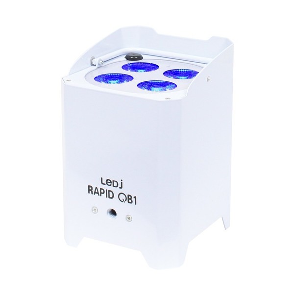 LEDJ Rapid QB1 RGBW Battery-Powered LED Uplighter, White Housing, Front Angled Lit
