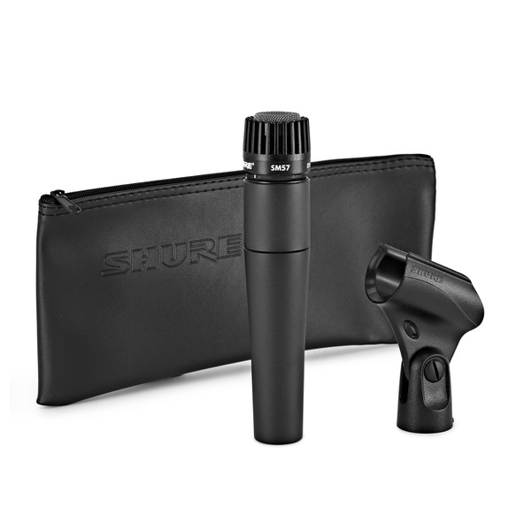 Shure SM57 Dynamic Instrument Microphone - Front with Case and Clip