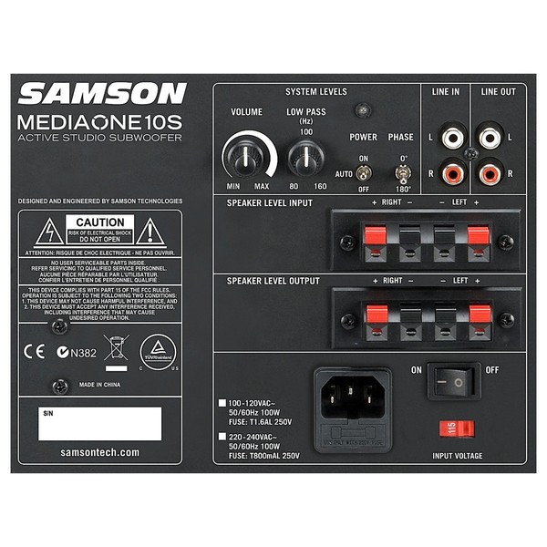 Samson MediaOne 10S Active Subwoofer, Connectors and Controls