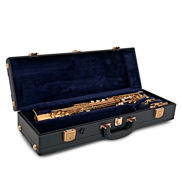 Yamaha YSS875EXHG Custom Soprano Saxophone, Gold Lacquer case open