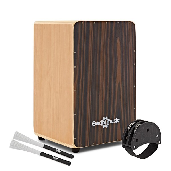 Cajon by Gear4music, Ebony, with Carry Bag and Foot Tambourine