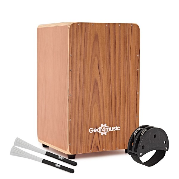 Cajon by Gear4music, Teak, with Carry Bag and Foot Tambourine