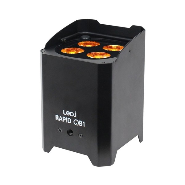 LEDJ Rapid QB1 RGBA Battery-Powered LED Uplighter, Black Housing, Angled Left Lit