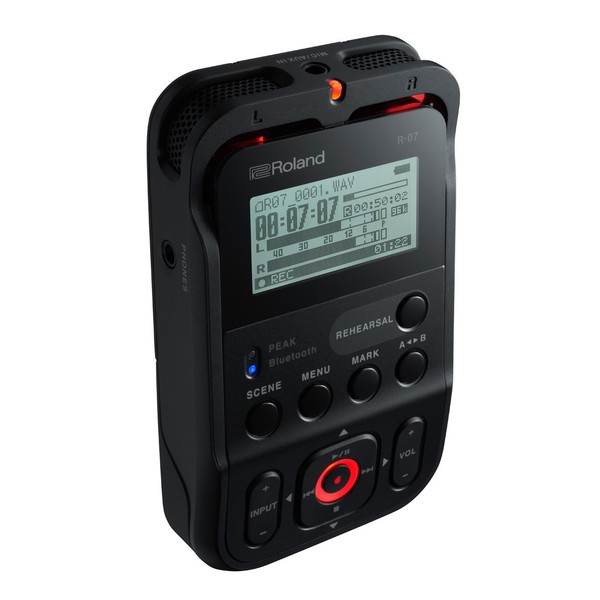Roland R-07 High Resolution Audio Recorder, Black, Angle