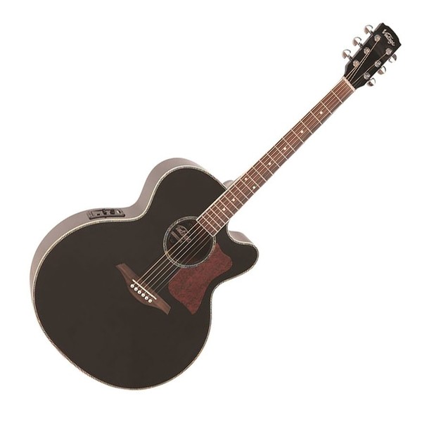 Vintage VECJ100 Super Jumbo Electro Acoustic Guitar, Gloss Black - Front