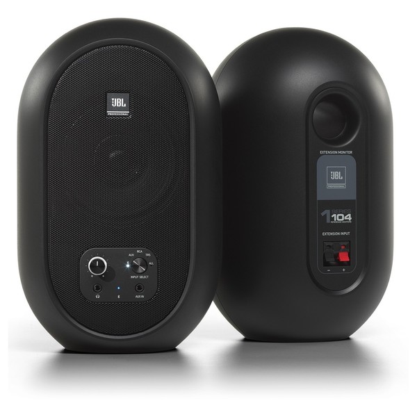 JBL 104-BT Bluetooth Reference Monitors, Master Monitor Front View Extension Monitor Back View Angled Left