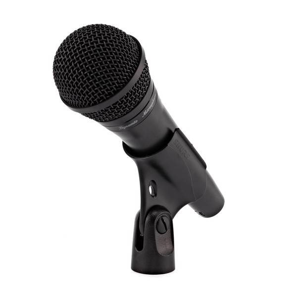 Shure PGA58 Vocal Microphone Set Including Mic Stand + XLR Cable - Angled Left in Clip