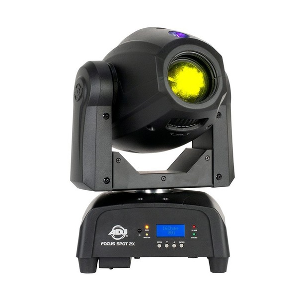ADJ Focus Spot 2X Moving Head, Front Angled Right Lit Yellow