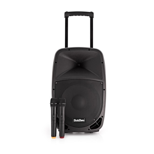 SubZero SZPA-P12 Portable PA with Bluetooth + Wireless Mics, Front with Mics