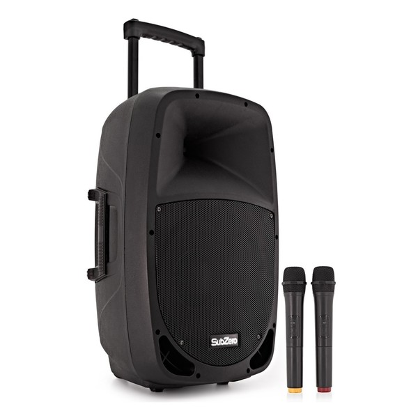 SubZero SZPA-P12 Portable PA with Bluetooth + Wireless Mics, Front Angled Right with Mics