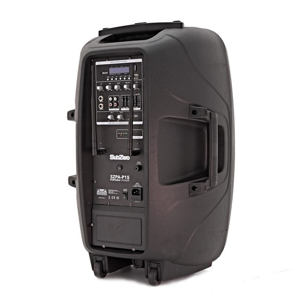 SubZero SZPA-P12 Portable PA with Bluetooth + Wireless Mics, Rear Angled