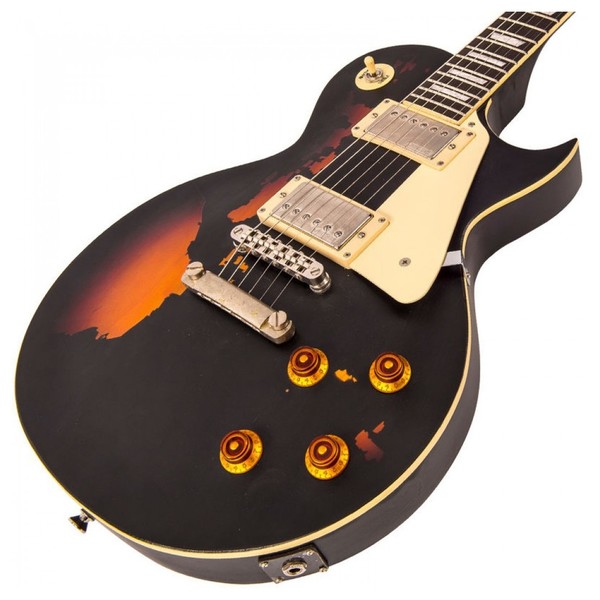 vintage icon v100 distressed tobacco sunburst Vintage V100 Icon, Distressed Black Over Sunburst at Gear4music