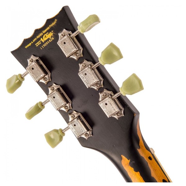 vintage icon v100 distressed tobacco sunburst Vintage V100 Icon, Distressed Black Over Sunburst at Gear4music