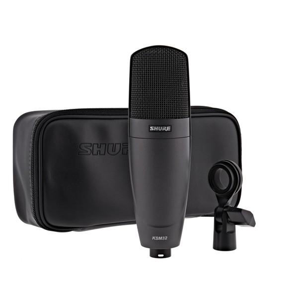 Shure KSM32 Condenser Microphone, Charcoal - Front with Clip and Case