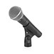 Shure SM58 Dynamic Vocal Mic with Table Top Stand and Cable - Microphone Angled in Clip