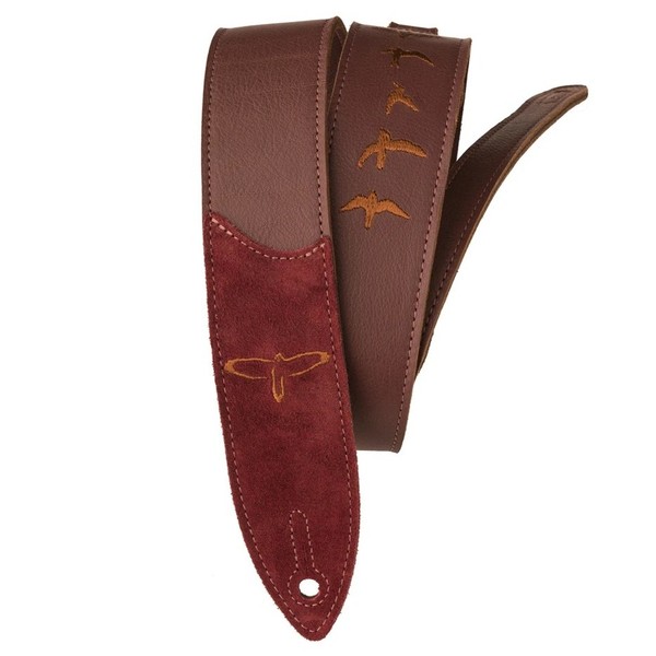 PRS Premium 2" Leather Guitar Strap, Burgundy w/ Birds Embroidery - Front View