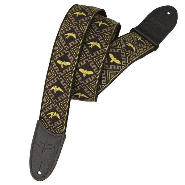 PRS Jacquard Hootenanny Style Guitar Strap, Yellow & Black Birds - Front View