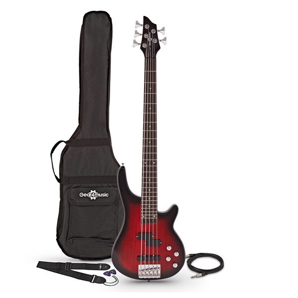 Chicago 5 String Bass Guitar by Gear4music, Trans Red