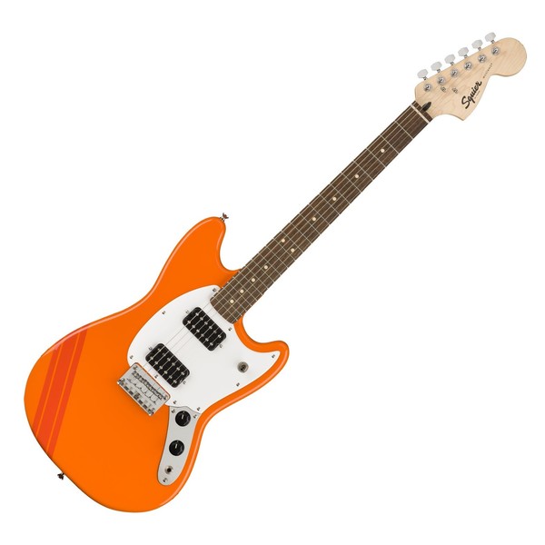 Squier FSR Bullet Competition Mustang HH LRL, Orange w/ Red Stripes - front