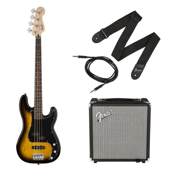 Squier Affinity PJ Bass Pack, Brown Sunburst w/ Fender Play - Full Pack View