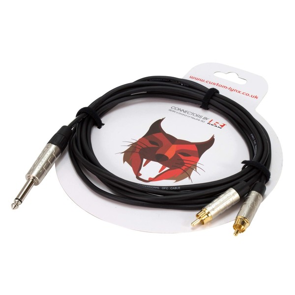 Custom Lynx 6.35mm Mono Jack to 2 x RCA Phono Cable, 1 Metre - Packaged