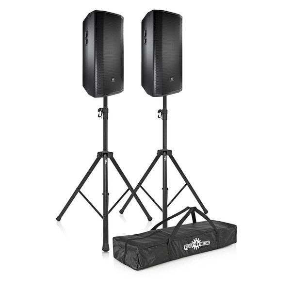JBL PRX835W 15'' Three-Way Active PA Speaker Pair with Stands - Full Package Front
