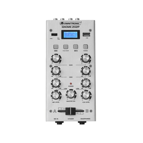 Omnitronic GNOME-202P Mini 2 Channel DJ Mixer, Silver- Front