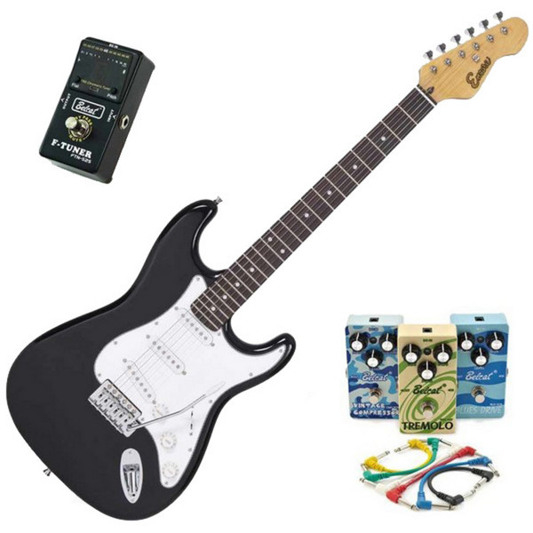 Encore Electric Guitar, Black with Belcat 4 Pedal Blues Pack