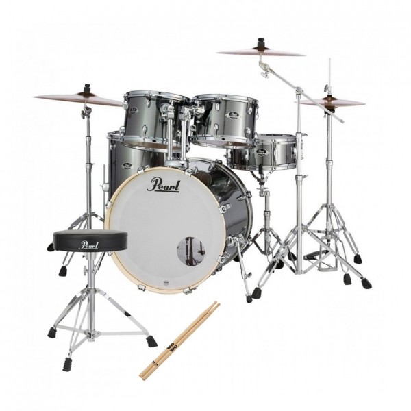 Pearl Export 22'' Rock Drum Kit w/Stool and Sticks, Smokey Chrome