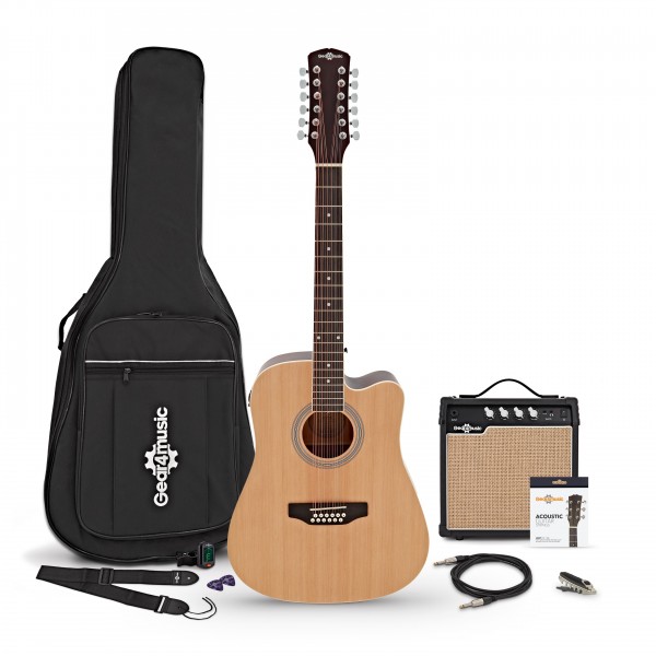 Dreadnought 12 String Electro Acoustic Guitar, Natural + Amp Pack