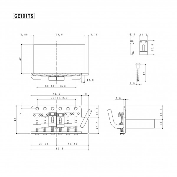 Gotoh GE101TS ST-Style Tremolo Bridge with Steel Block, Chrome diagram