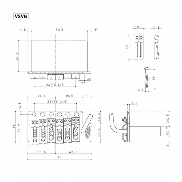 Gotoh Wilkinson VSVG ST Style Tremolo Bridge, Nickel diagram
