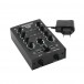 Omnitronic Gnome-202 2-channel Miniature DJ Mixer, Black - Front Angled with Power Adapter