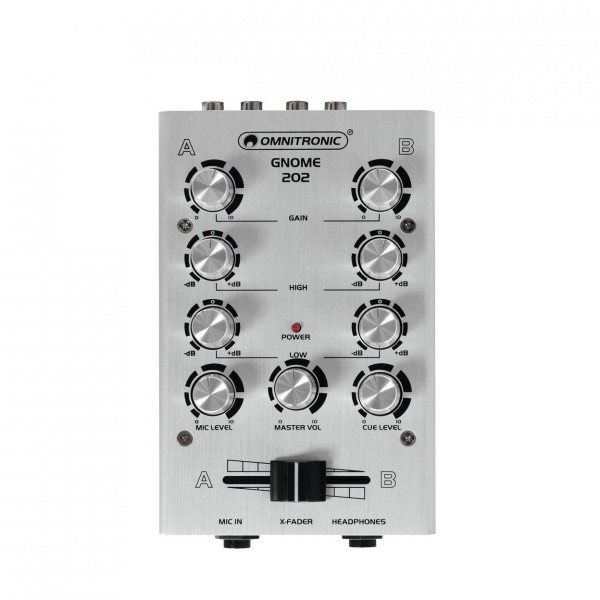 Omnitronic Gnome-202 2-channel Miniature DJ Mixer, Silver - Top
