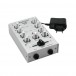 Omnitronic Gnome-202 2-channel Miniature DJ Mixer, Silver - Front Angled with Power Supply