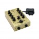 Omnitronic Gnome-202 2-channel Miniature DJ Mixer, Gold - Front Angled with Power Supply